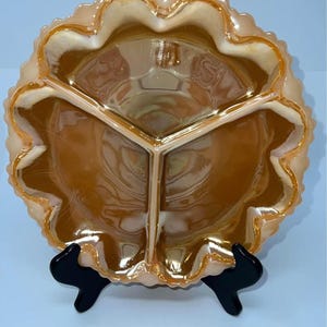 Vintage Fire King Anchor Hocking Glass Peach Luster Divided Serving Plate Iridescence