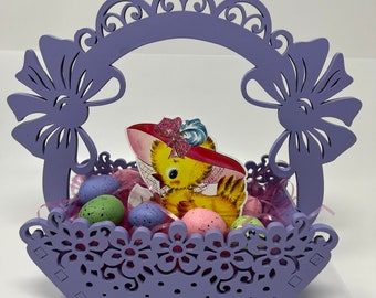 Easter Assemblage Wood Laser Cut Basket Purple repro chick chicken plaque with colorful eggs and grass