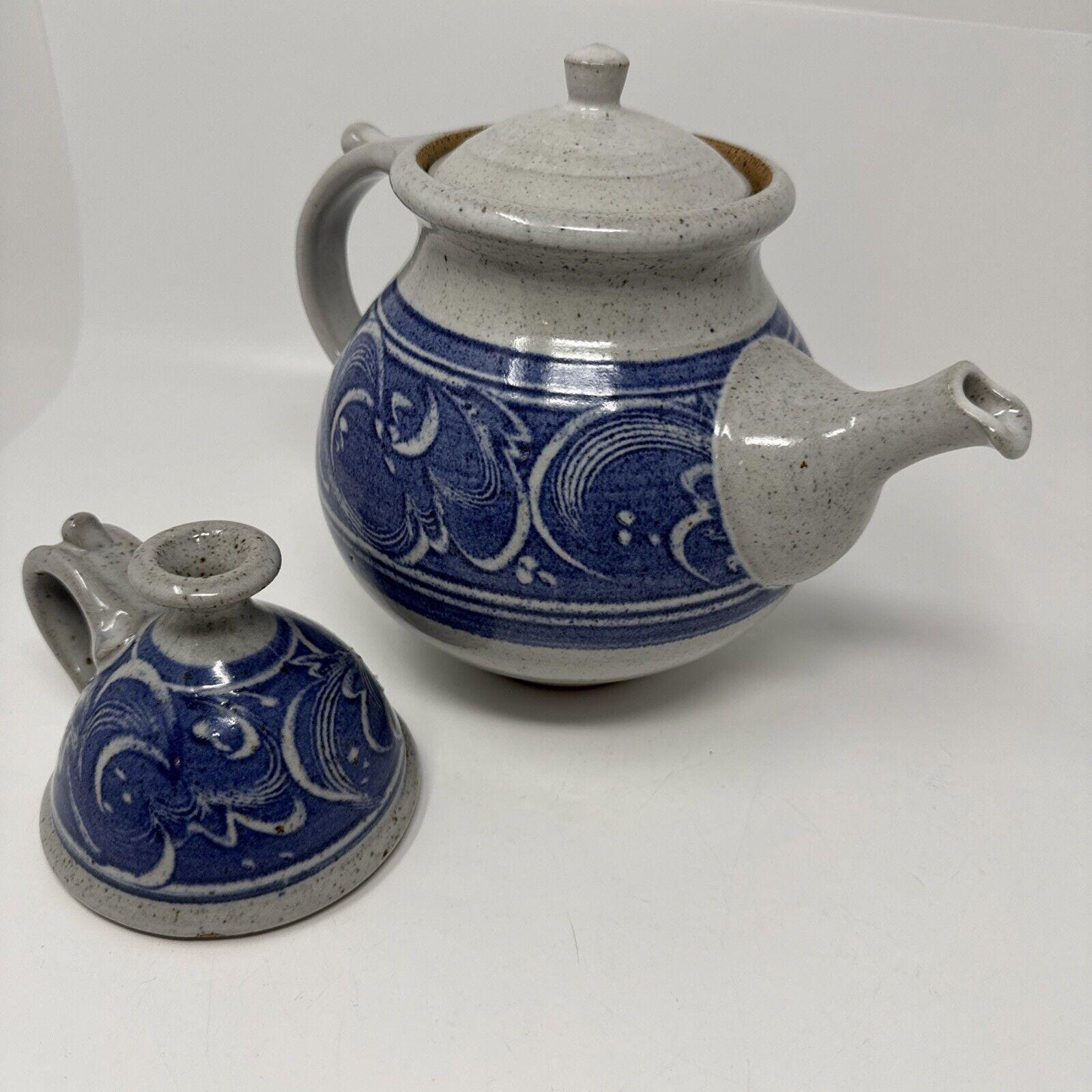 Vintage Teekanne & Öllampe Set Studio Keramik Signiert Culp '86 Blue Design