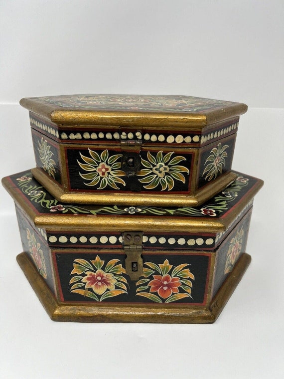 Vtg Nesting Jewelry Boxes Wood Octagon Painted Ros