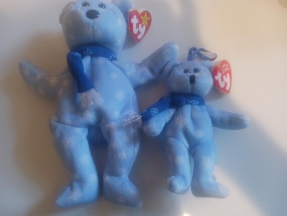 Ty Beanie Babies, and Jingle Beanies 1999 Holiday Teddy Bears 2 pc. Christmas Bear Set (Light Blue Bears with white Snowflakes)