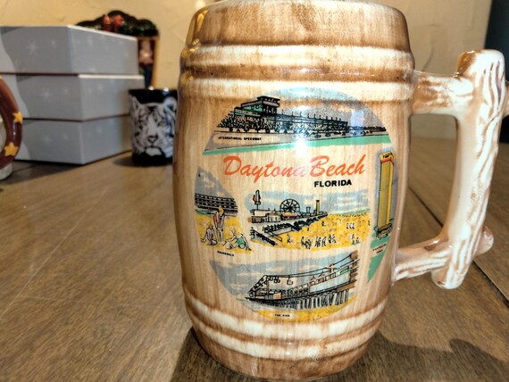 Whimsical Daytona Beach Scenic Novelty Barrel Coffee Mug With Unique Handle