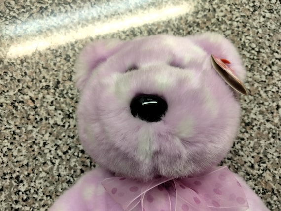 Ty Beanie Buddies Bravo The Lavender Bear With White Spots And Lavender Polka Dot Ribbon