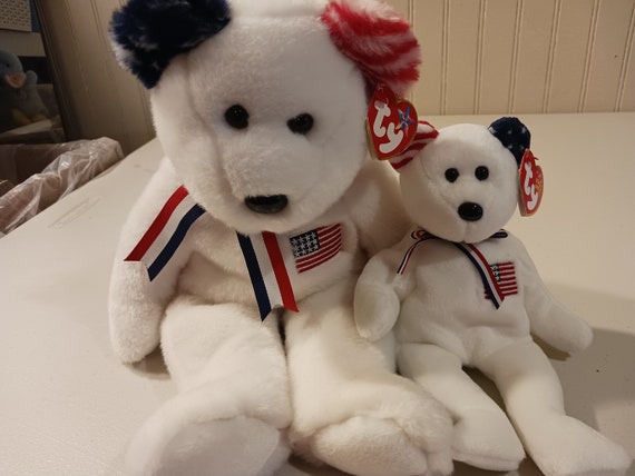 TY Beanie Babies AND Buddies America White, With U.S. Flag On Chest, and Red, White and Blue Ribbon Beanie and Buddy, set of 2