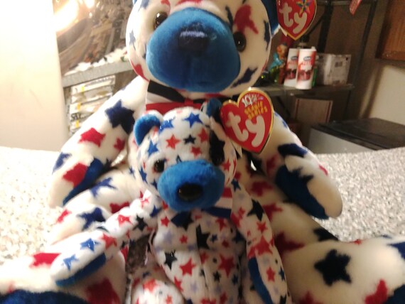 Ty Beanie Babies and Buddies Blue Nosed American Patriot Star Spangled Bear 2 pc. set