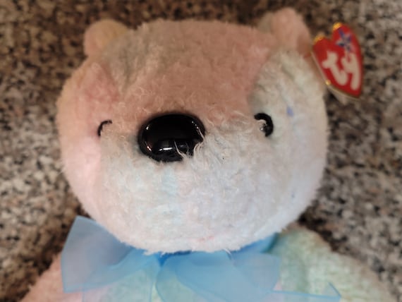 Ty Beanie Buddies Mellow The Pastel Rainbow Colored Romantic Bear, With Light Blue Ribbon Around His Neck