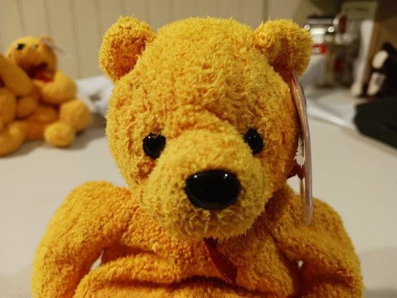 TY Beanie Babies Poopsie The Nappy  Bear With Burgundy and Gold Ribbon