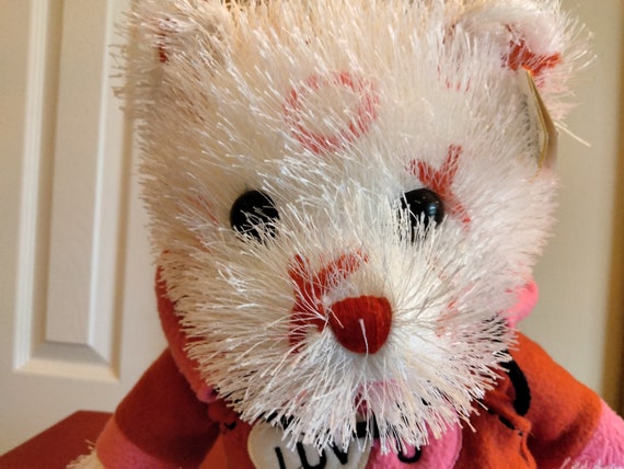 Ty Beanie Punkies Bitty Kiss The Love Bear With Red  Nose And Luv U Heart Hoody; Covered In Xs and Os.