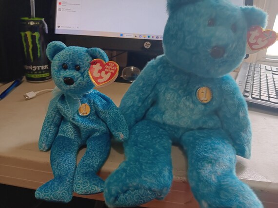 Ty Beanie Babies And Buddies Classy Dark Blue Bear (With Ribbon Around Neck and #1 Button On Chest) 2 Piece Set