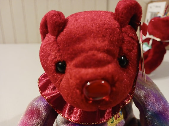 Ty Beanie Babies July Birthday Bear With Ruby Birthday Stone Nose And Birthday Cake On Chest, Pot belly bear