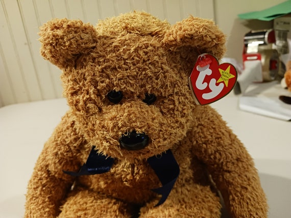 TY Beanie BUDDIES Fuzz The Nappy Brown BearWith Blue Ribbon