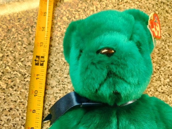 Ty Beanie Buddies Old Face Teal Green Teddy Bear Dark Green With Blue Ribbon Around Neck (Bud1)