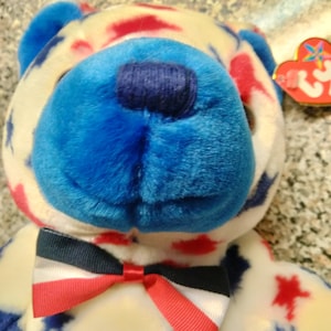 Ty Beanie Buddies Blue Nosed Bear With Red And Blue Stars, From the Beanie Babies/Buddies  Collection)