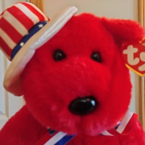 Ty Beanie BUDDIES Sam RED With Stars And Stripes Hat, And Red White And Blue Ribbon