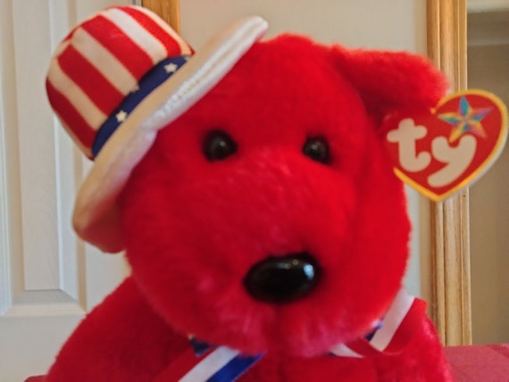 Ty Beanie BUDDIES Sam RED With Stars And Stripes Hat, And Red White And Blue Ribbon
