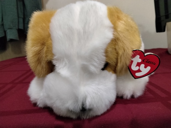 Ty Beanies Classics ROMPER The Gold And White Doggie With Plaid Ribbon Around Neck, Super Fluffy, MWMT