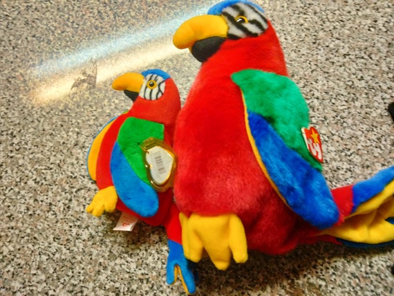Ty Beanie Babies and Buddies Jabber The Colorful Plushy Red Green Blue Yellow And Striped Parrot 2 Piece Set