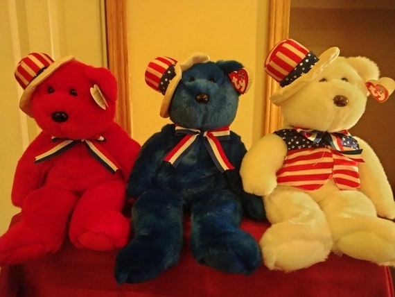 Ty Beanie BUDDIES Sam 3pc. Bear Set (Red, White and Blue, from the Ty Beanie Babies/BUDDIES collection)