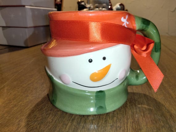 Whimsical Snowman Head Red And Green Christmas Coffee Mug W/Ribbon