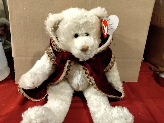 Ty Attic Treasures Gem The Posable Cream Colored Bear With Royal Burgundy Robe 13" Tall!