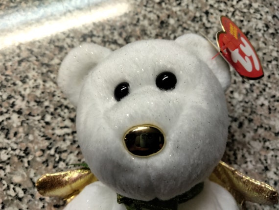 Ty Beanie Babies Gift Bear (Love And Red Heart On Chest; Gold Button Nose) White Bear With Gold Wings; Green Ribbon Around Neck