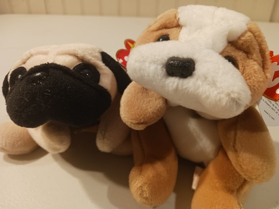 Ty Beanie Babies Pugsly and Wrinkles The White and Brown 2 piece Dog Set