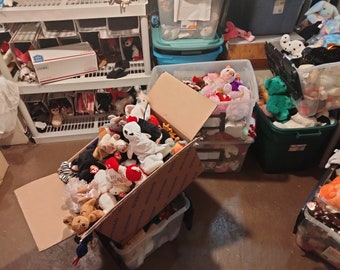 May include: A collection of stuffed animals, including bears, cats, and other creatures, spilling out of a cardboard box. Various bins and shelves filled with more plush toys are visible in the background, suggesting a large inventory of collectible items.