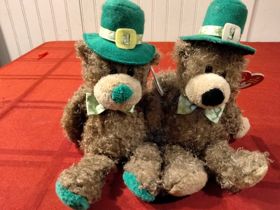 Ty Beanie Babies Lucky O'Day AND Patty O'Lucky The Irish St. Patrick's Day Bears With Green Hats And Shamrock Bow Ties 2pc. Set