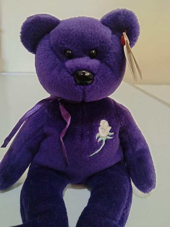 Ty Beanie Babies Princess The Royal Purple Bear, Flower Embroidered On Chest, (Hangtag In Fair Condition)
