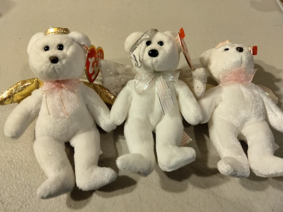 Ty Christmas Ornament Jingle Beanies Winged Angel White Bears Halo, Halo 2, and Herald  3 pc. Set