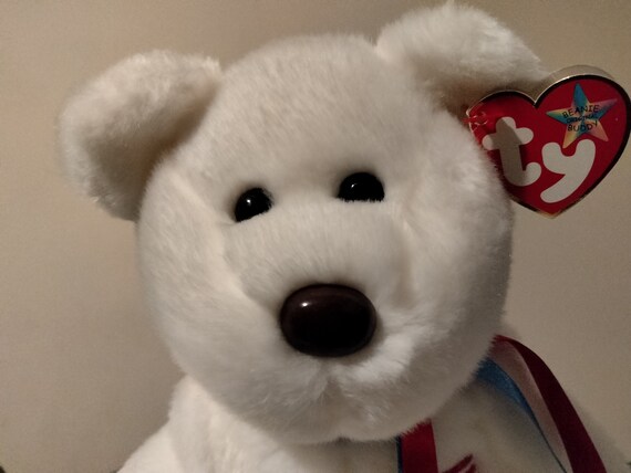 Ty Beanie Buddies Libearty American Patriot Bear With U.S. Flag On Chest And red And White Ribbon Around Neck  Ships TODAY!