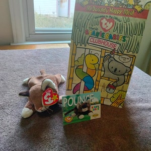 Ty Beanie Babies stürzen sich auf die braun-weiße Kitty-Katze mit offizieller Sammelkarte und Original-McDonald's-Happy-Meal-Papiertüte, 3-tlg. Set
