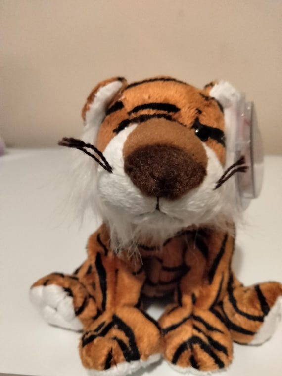 Ty Beanie Babies Stripey The Plushy, Soft, Striped Tiger Kitty Cat With Fluffy White Mane And Huge Nose (MWMTs)
