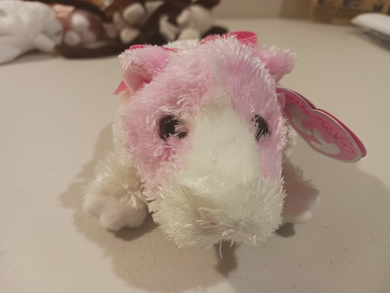 Ty Beanie Babies' Pinky's Rosa the Pink and White Guinea Pig With Pink And Silver Bow