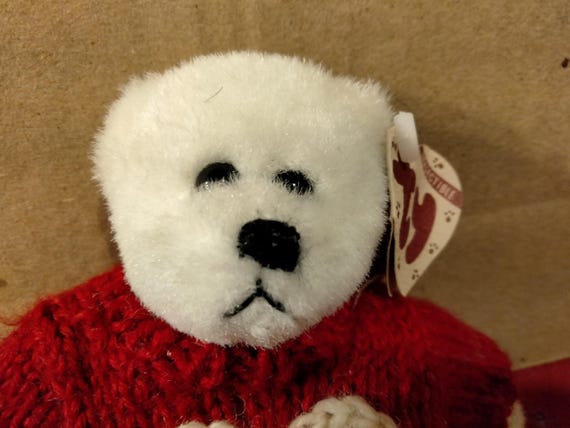 Ty Attic Treasures  Nicholas The White Bear Wearing A Burgundy Sweater With White Heart On Front