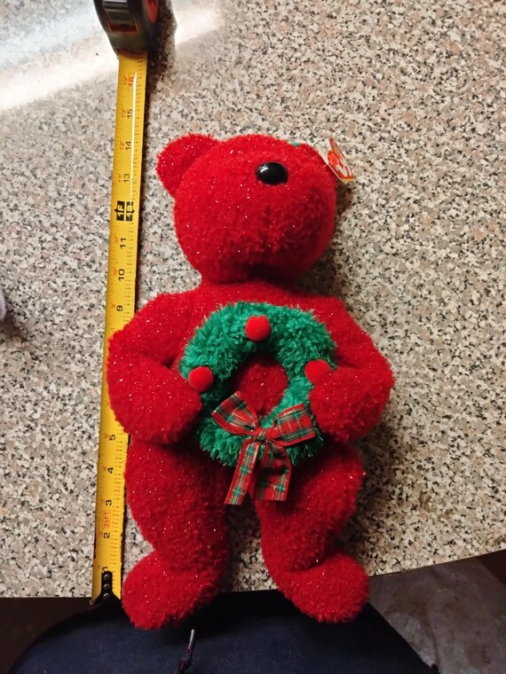 Ty Beanie Buddies Holiday 2006 Red Sparkly Bear Holding Green Christmas Wreath With Plaid Bow
