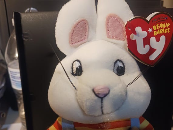 Ty Beanie Babies MAX The Bunny In Striped Shirt And Blue Overalls MWMTs Brand New!