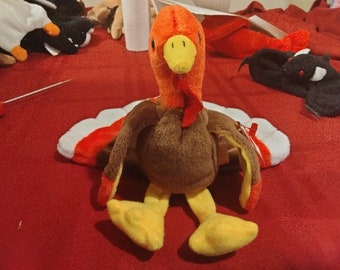 TY Beanie Babies Gobbles The Brown, Red And Yellow  Thanksgiving Day Turkey Bird, P.E. Pellets