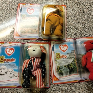 Ty McDonald's International Bears Trio Spangle, Osito y Germania En embalaje de cartón original (Happy Meal Beanie Babies Teenies)