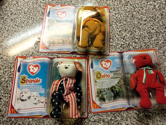 Ty McDonald's International Bears Trio Spangle, Osito and Germania In original Cardboard Packaging (Happy Meal Beanie Babies Teenies)
