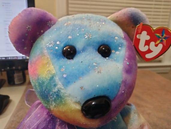 Ty Beanie Buddies Clubby VI The Very, Very Colorful Siver-Speckled Bear With BBOC Button On Chest And Purple Lace Around Neck