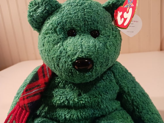TY Beanie BUDDIES Wallace The Nappy Green Bear With Plaid Ribbon