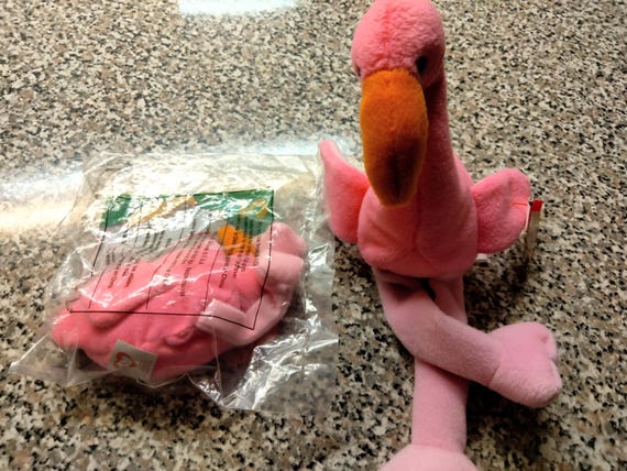Ty Beanie Babies and McDonald's Teenies  Pinky The Flamingo, Double Tush Tags On Beanie Baby (Teenie in Original McDonald's Packaging)