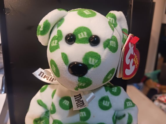 Ty Beanie Babies Green M and M Bear (White Bear In Green Colored M and M Print) MWMTs Brand New!
