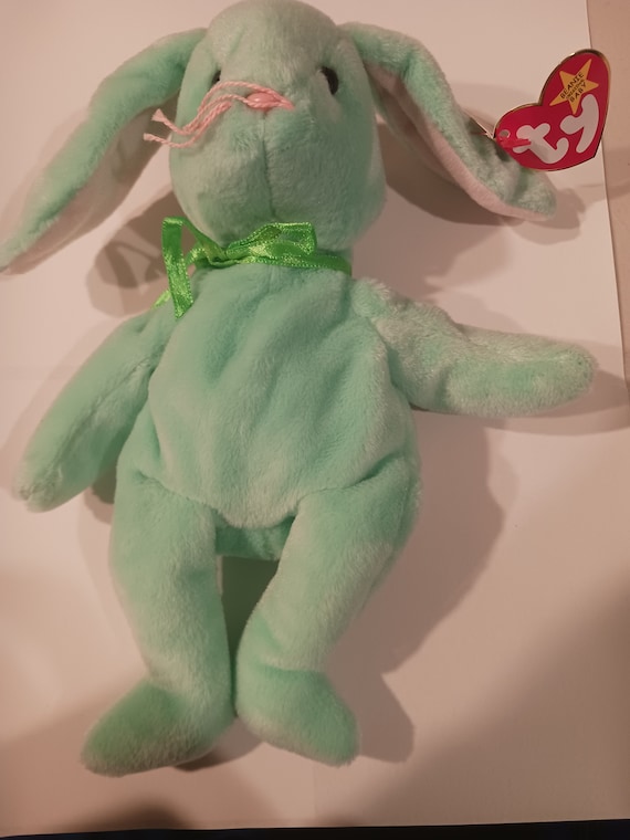 TY Beanie Babies Hippity The Green Bunny Rabbit, No Stamp, Rare "Origiinal" and "Suface" Error Hangtag