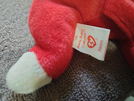 Ty Beanie Babies Snort the Red Bull No Stamp/Star On Tush Tag, P.V.C Pellets, Ty Deutschland, MWMT (For True Collectors)