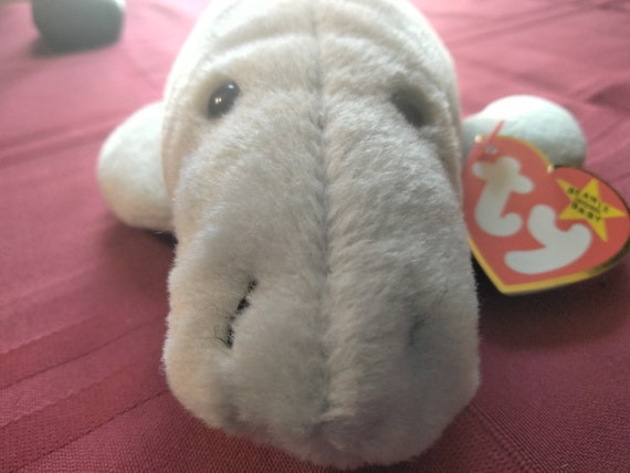 Ty Beanie Babies Manny The Gray Manatee (Ty Deutschland, P.V.C, No Star/Stamp on Tush Tag) Hangtag Shows Slight Crease