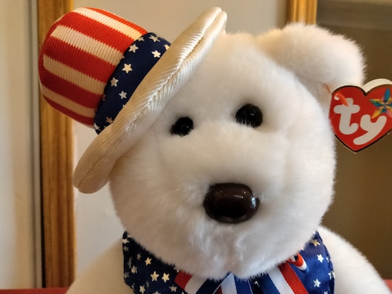 Ty Beanie BUDDIES Sam WHITE With Stars And Stripes Hat, And Red White And Blue Ribbon And Stars And Stripes VestVest