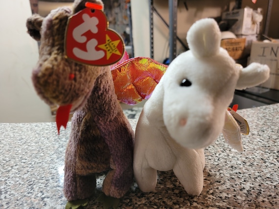 Ty Beanie Babies Magic The White Dragon And Scorch The Nappy Brown Dragon, Both With Iridescent Wings 2 pc. set