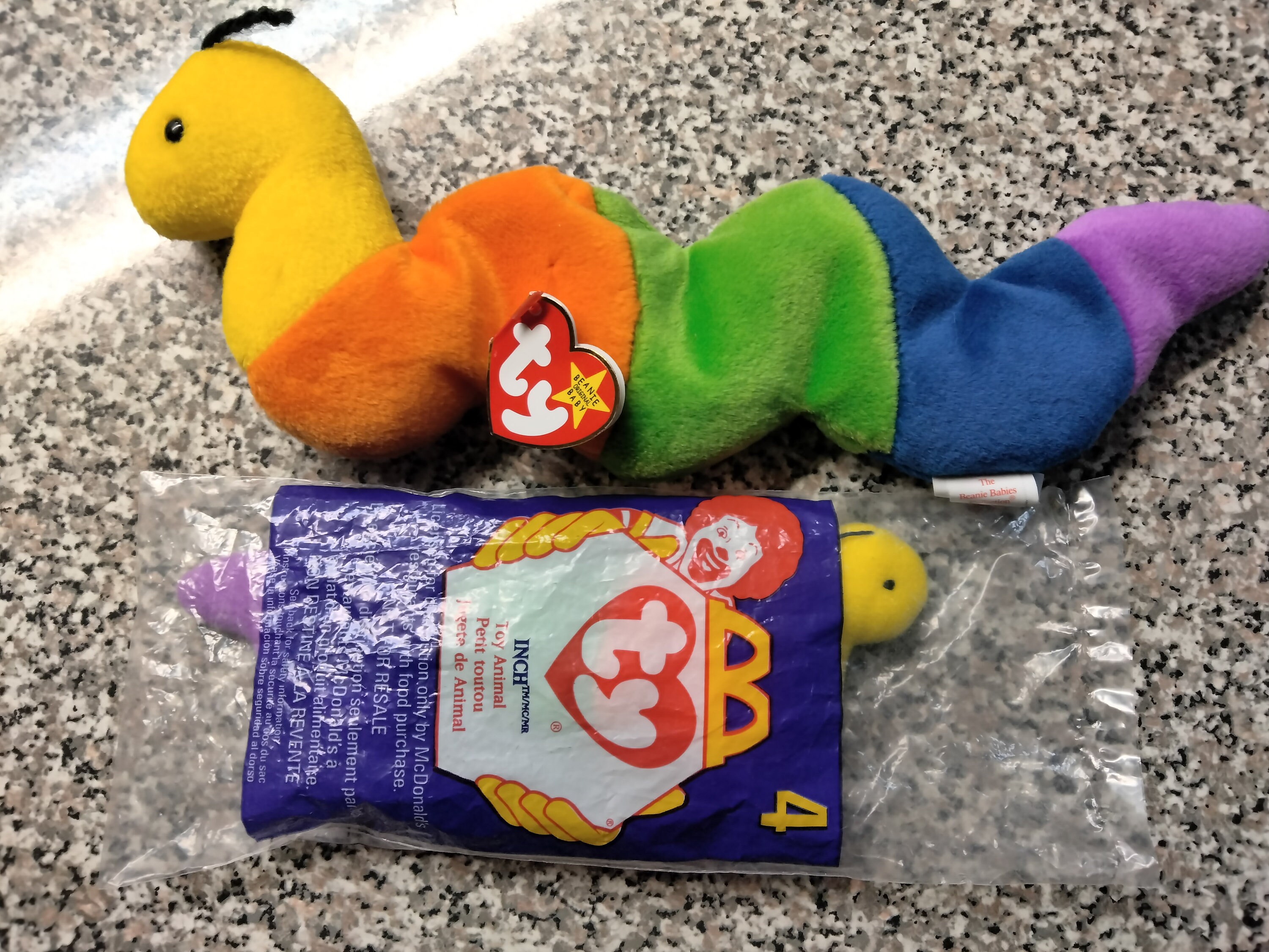 TY McDonald s Teenies and Beanie Babies INCH the Multi Colored Colorful Inchworm 2 Pc. Set Teenie still in original McDonald s packaging